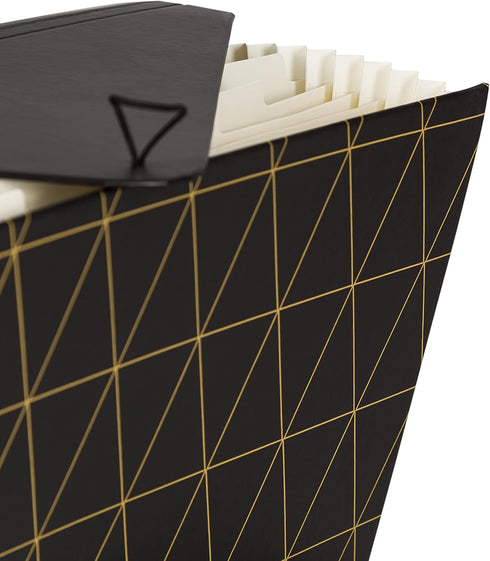 U Brands 13-Pocket Expanding File Folder, Black and Gold Geometric Office Supplies with Brass Hardware, FSC Certified