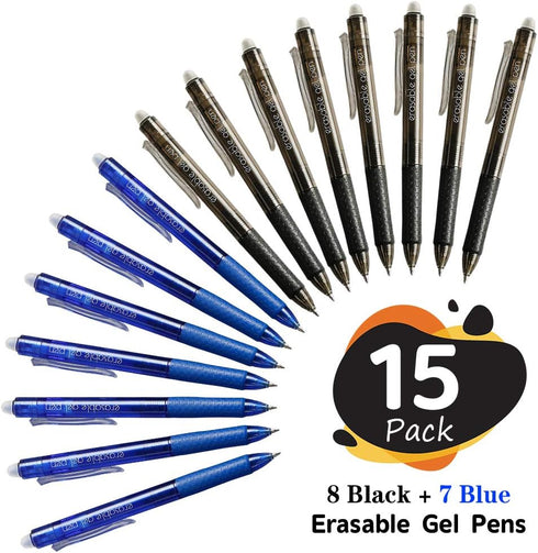 Erasable Gel Pens, 15 Pack Retractable Fine Point Pens, 8 Black 7 Blue Inks for Writing, Planner, Crossword Puzzles
