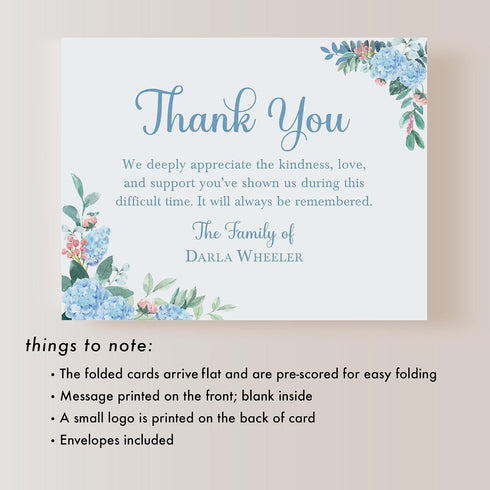 5.5x4.25 Floral Sympathy Thank You Cards, Personalized Funeral Thank You Cards, Bereavement Notes with Envelopes, Flat