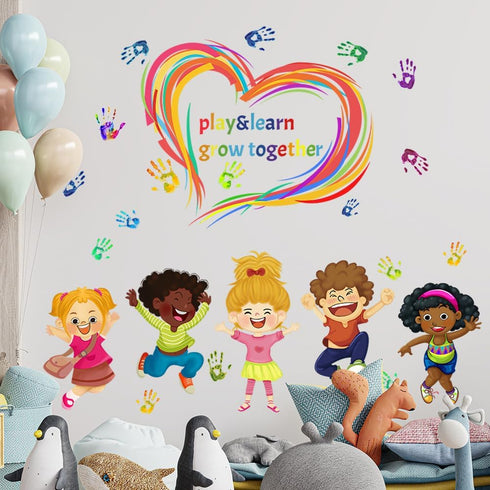 Mirabuy Play Learn & Grow Together Wall Decals Kids Inspirational Quotes Handprint Wall Stickers for Classroom Kids