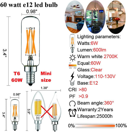 LiteHistory Dimmable LED Bulb, 6W Equal Warm White 2700K, T6 T25 E12 Candelabra Bulb, 600LM, 6 Pack for Chandeliers