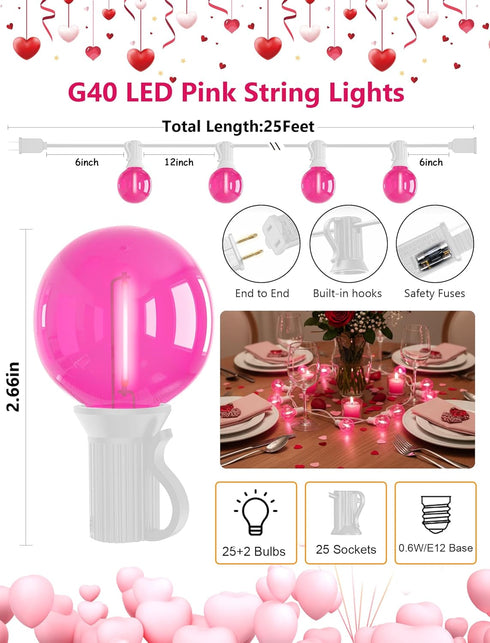 25FT G40 27 Bulbs, LED Outdoor Valentine's Day String Lights, Pink Valentine's Day Decorations Lights with Shatterproof