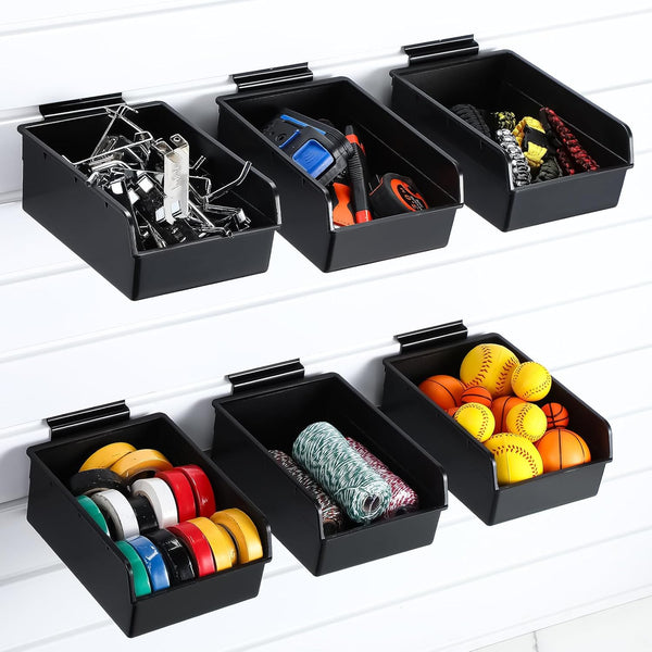 6 Pack Slatwall Bins with Hooks Set, Wall Mounted Storage Bins for Organizing Accessories, Tools, Office, Black