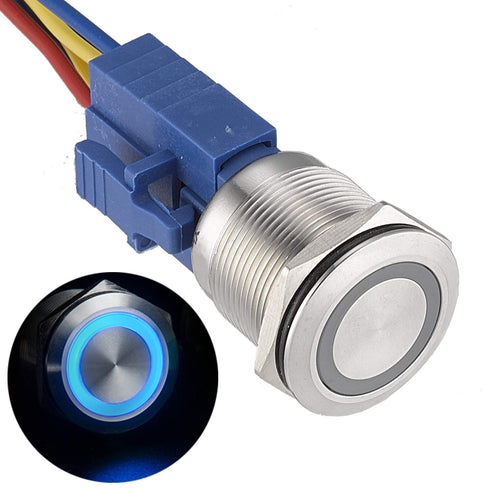 APIELE 22mm Latching Push Button Switch, 12V Angel Eye Ring Light LED Waterproof, 1 Pack (Blue)