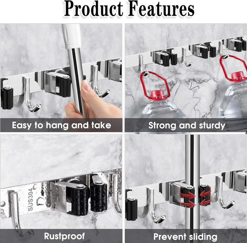 AceMining 5 Racks and 4 Hooks Mop and Broom Holder Wall Mount, Broom Organizer Storage Tool Racks Stainless Steel Heavy Duty Hooks Self Adhesive Solid Non-Slip for Home Kitchen Garden Laundry Garage by AceMining
