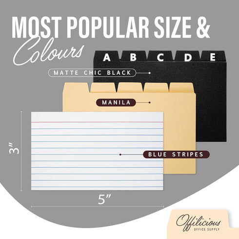 Heavy-Duty Index Card Holder 3x5 Set with 100 Ruled Cards, 25 Manila & Plastic Dividers, Stickers & Labels