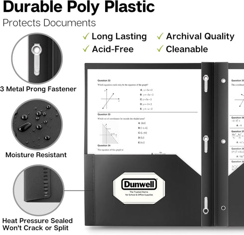 Dunwell Plastic Folders with 3 Prongs, 2 Pack, Black, 2-Pocket Folders with Fasteners, Durable Acid-Free Poly for Long
