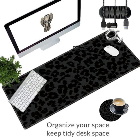 Large Gaming Mouse Pad with Coasters + Cable Clips, Black Leopard Print Extended Mousepad (31.5 x 11.8) with Stitched