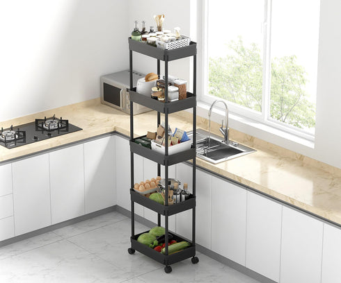 5-Tier Sooyee Plastic Rolling Utility Cart with Wheels, Multi-Functional Storage Trolley for Office, Living Room