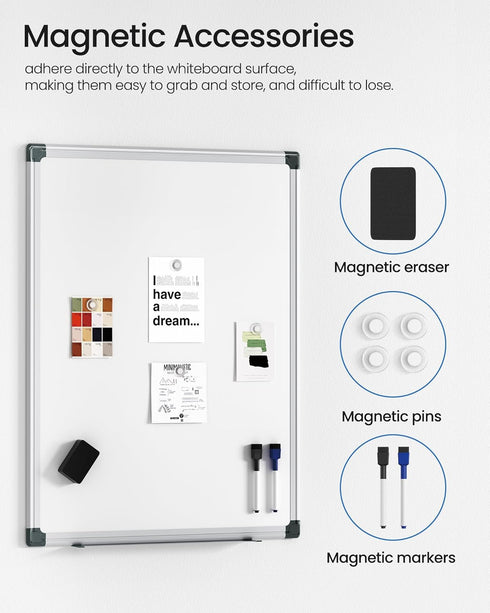 Magnetic White Board Kit for Wall 24" x 18", 1 Dry Eraser & 2 Multicolor Markers & 4 Magnetic Pins, Sliver Reinforced Aluminum Frame for Home, School, Office by VUSIGN