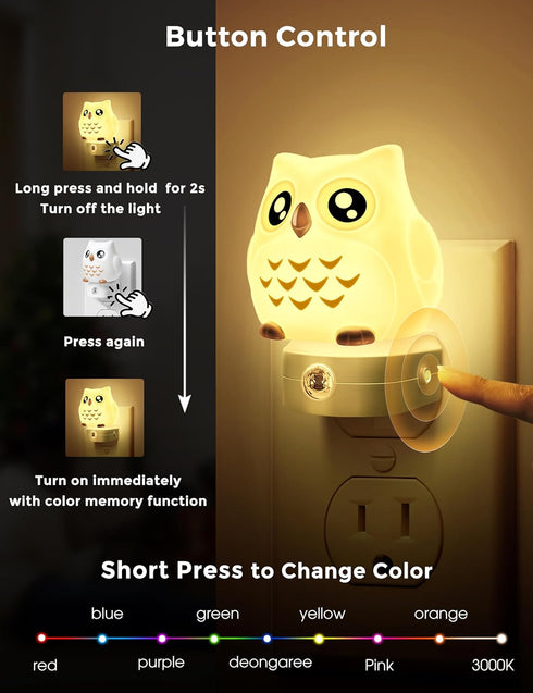 3D 8-Color 3000K, 3 L LOHAS LED Owl Night Light for Kids, Owl Night Light Plug in Wall, Dusk to Dawn Sensor