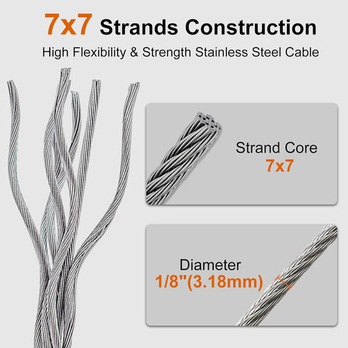 1/8" 100ft 7x7 (SR03) Rectoo wire cable, Wire Rope Metal Cable With Loop Sleeve And Steel Thimble, marine stainless