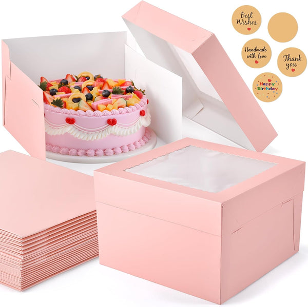 12Pcs Bakery Boxes 12x12x8 Inches Tall with Window - Large Pink Disposable Tier Cake Containers for Pastries, Cookies,