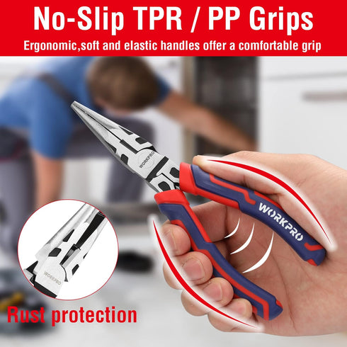4-Piece Set Set WORKPRO Pliers - Premium CR-V Construction Tool Including Long Nose, Diagonal Cutting, Groove Joint