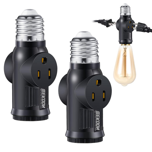 Feekoon 2 Pcs E26 Light Socket Adapter, 3 Prong Light Bulb Outlet to Plug Splitter Converter for Garage Porch (Black)