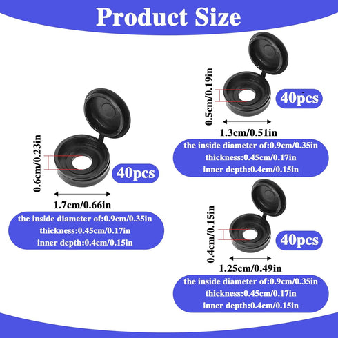 120 Pcs Screw Cover Caps, 4mm/5mm/6mm Plastic Hinged Screw Cover Caps Shutter Screw Caps Fold Screw Snap Covers, Snap Washer Covers Flip Tops(Black)