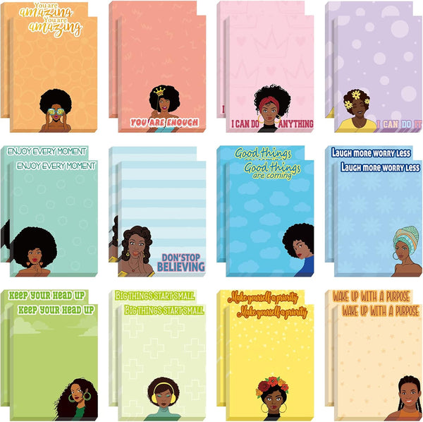 Sinmoe 24 Pcs Black Girl Inspirational Sticky Notes, 3 x 4 Inch, Motivational Memo Pads, Positive Gifts for Women Work