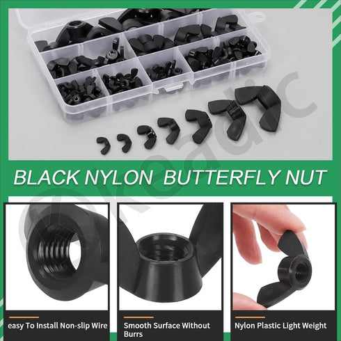 Keadic 110Pcs Nylon Metric Wing Nuts Assortment Set, M3 M4 M5 M6 M8 M10 M12, Black Hand Twist Tighten Butterfly Nut
