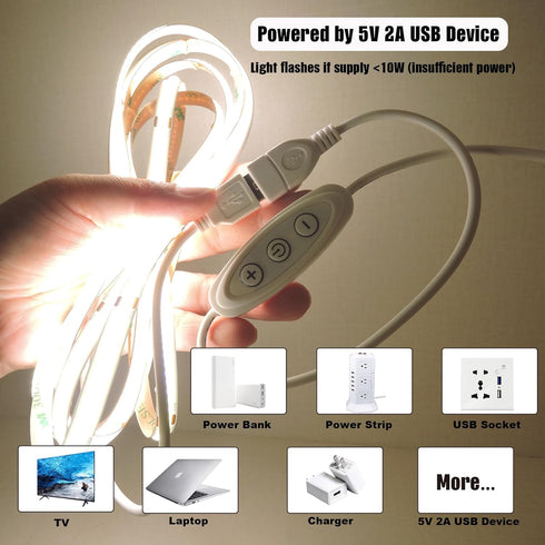 4000K 92+ 5V Dimmable 6ft Dimmer COB LED Strip Lights Natural White CRI Even Lighting Short Flexible Cuttable