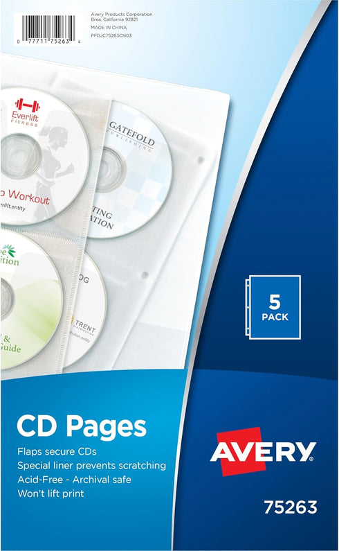 Avery Clear DVD Storage Sleeves, Two-Sided, Pack of 5, Holds 20 CD/DVDs Total (75263)
