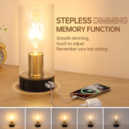 Dimming Industrial Bedside Table lamp for Bedroom -Touch Lamp with USB-A+C Charging Ports & AC Outlet. Nightstand Lamp