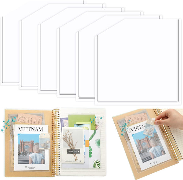 Tinlade 6 Pcs Clear Adhesive Corner Pockets 6 x 6 Inch, Sticky Pocket Sleeves for Extra Storage in Notebooks and Folders