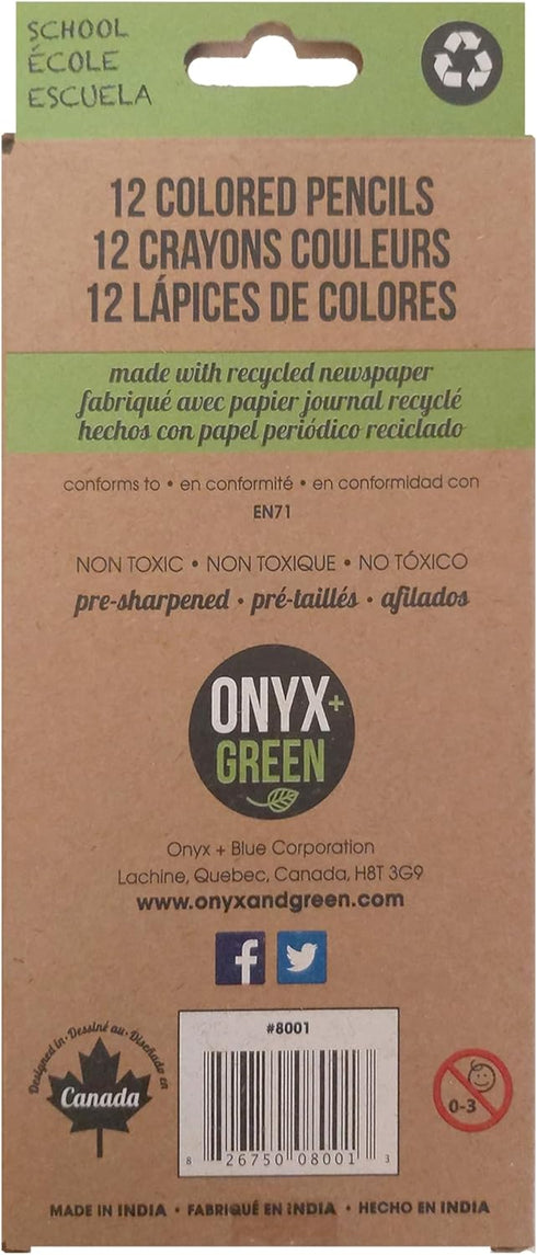 Onyx and Green Colored Pencils, 12 Piece, Sharpened, Made from Recycled Paper (8001)