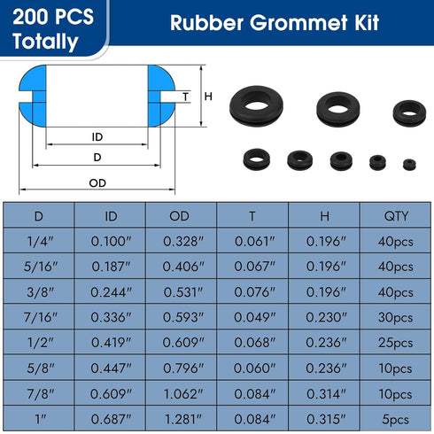 200pcs Grommet Grommet, 8 Grommets (1/2", 1/4", 3/8", 5/8", 7/8", 5/16", 7/16", 1") Rubber Kit, Hollow Firewall Sizes