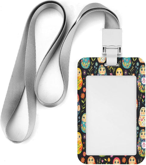 Generic Russian Nesting Dolls Flowers Vertical Badge Holder with Lanyard Plastic Sliding ID Card Name Tag Holder