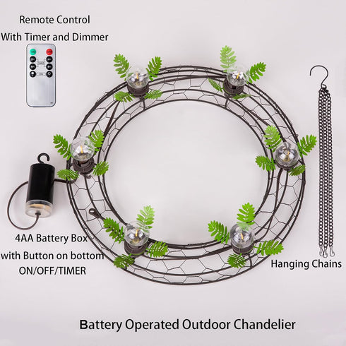 TWINKVILLA 6pcs G40 Bulbs, Battery Operated Outdoor Chandelier, Decorative Hanging Pendant Lights with Rust Finish