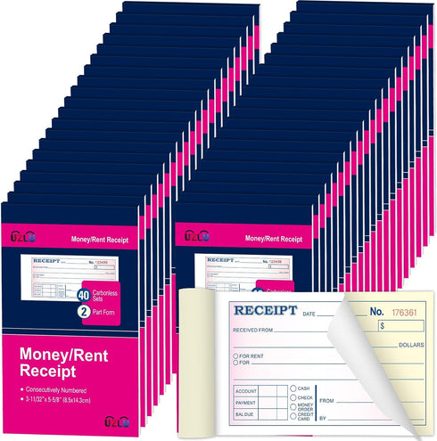 UZLU 40 Packs 3-11/32" 5-5/8" 2 40 Sets Money and Rent Receipt Book, x Rent Receipt Books, Part Carbonless for Small