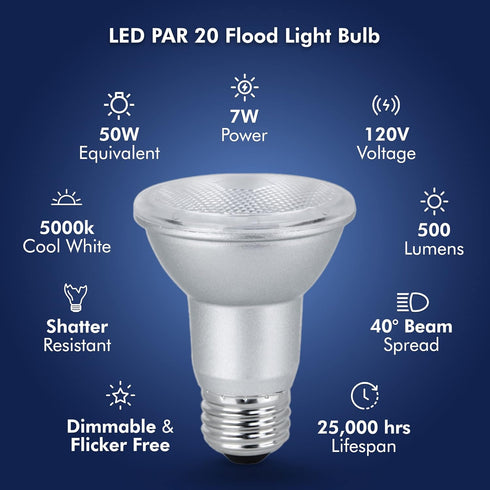 Xtricity LED Light Bulb PAR20 Dimmable Flood 7 Watt 50W Equivalent 500 Lumens 5000K Daylight 2 Pack