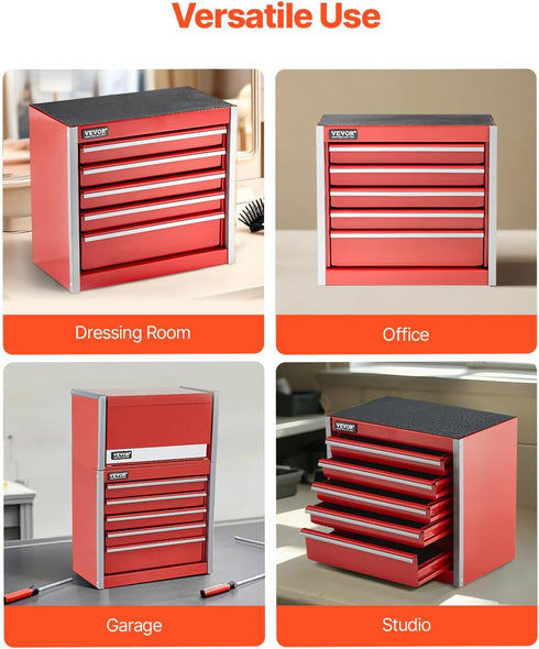 8.6-inch, 5 VEVOR Metal Tool Box, Portable Metal Tool Box with Drawers, Small Tool Chest with EVA Liners and PP Feet