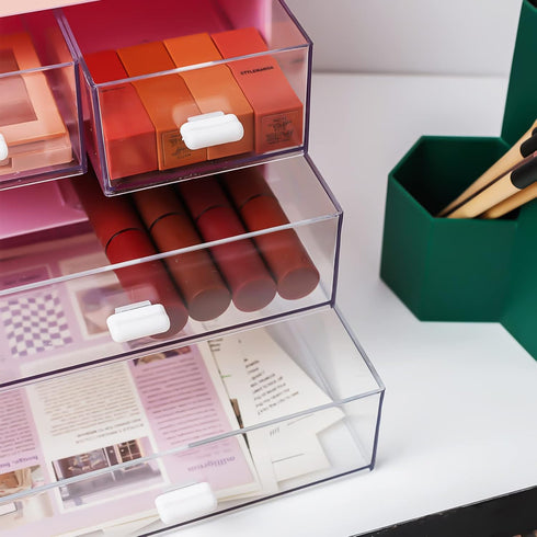Desk Organizer with 4 Drawers, Plastic Storage Box for Office, School, Home, Dressing Table, and Desktop (Pink)