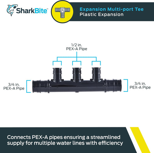 SharkBite 3 Port PEX Expansion Poly Tee, 3/4 Inch Open Trunk with 1/2 Inch Outlet, Multi Line Water Manifold Plumbing Fittings for PEX-A Tubing, UAMPT3OZ by SharkBite