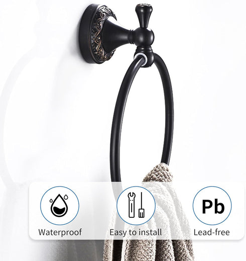 Oil Rubble Bronze Brass Bath Towel Ring, Wall Mounted Black Bathroom Hardware Accessories with Pattern Carving Design