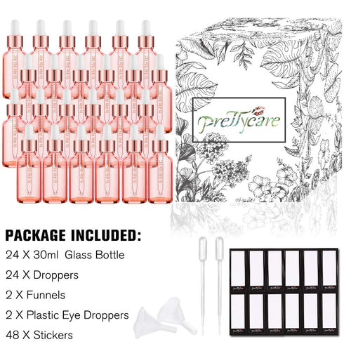 PrettyCare 1 oz Eye Dropper Bottle (24 Pack) Rose Glass Bottles with Measured Pipettes, Golden Caps & Labels