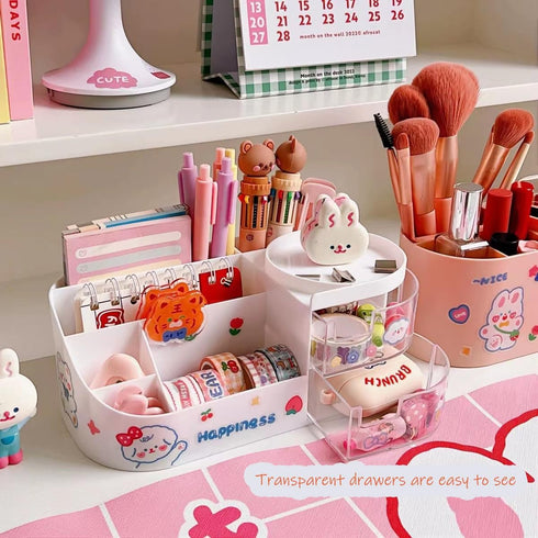 Kawaii Stationery Storage Box, Makeup Organizer with 2 Drawers and 5 Compartments for Teen Girls