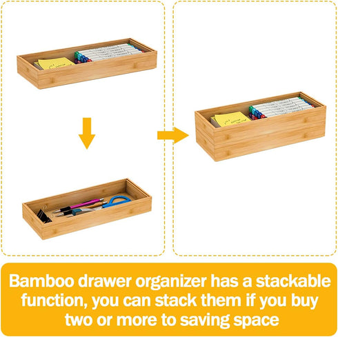 Utensil Organizer - Stackable Bamboo Silverware Drawer Caddy for Bedroom, Office, Bathroom Storage