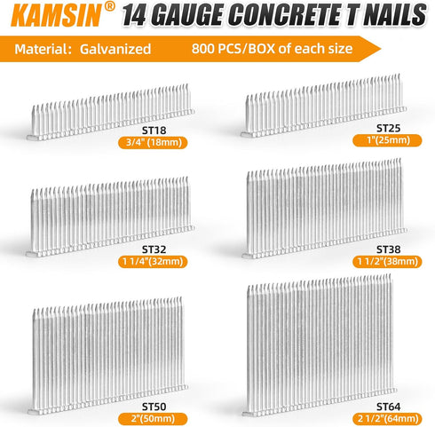 ST32 14 Gauge Concrete T Nails, 1 1/4'' Length, Collated Galvanized Fasteners for Pneumatic Concrete T Nailer, 800 PCS