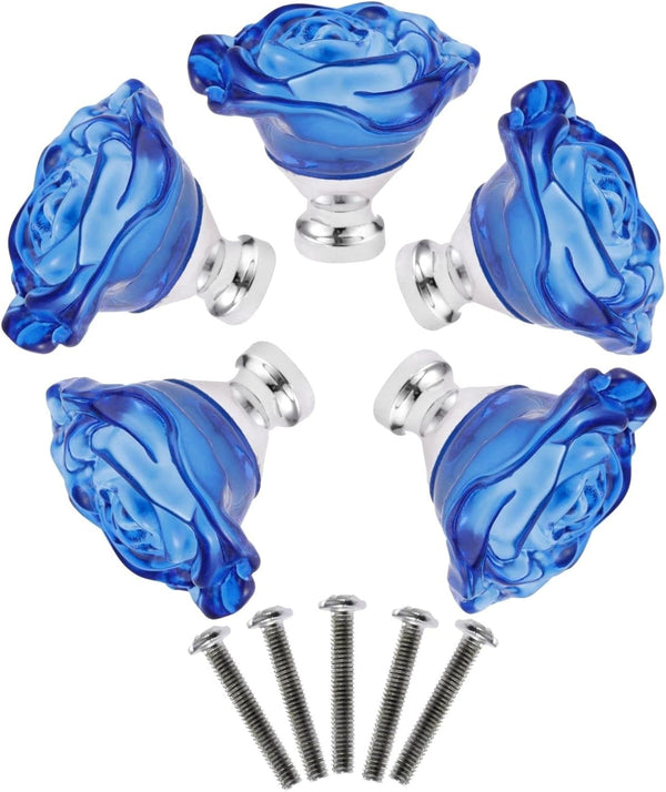 Yetaha Blue Crystal Drawer Knobs, 5PCS Rose Shape Glass Handles for Cabinet Pulls, with Screws