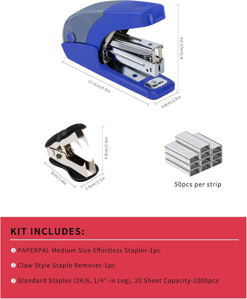 Effortless Standard Stapler Set, Dark Blue, 20 Sheet Capacity, Half Strip, Built-in Staples Storage, 1000 Staples