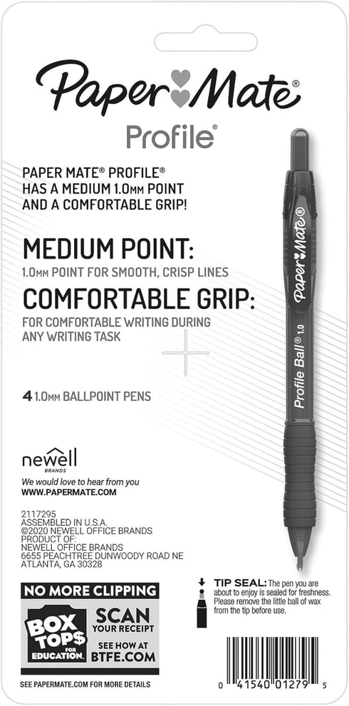 Paper Mate Profile Retractable Ballpoint Pen, Medium Point 1.0mm, Assorted, 4 Count
