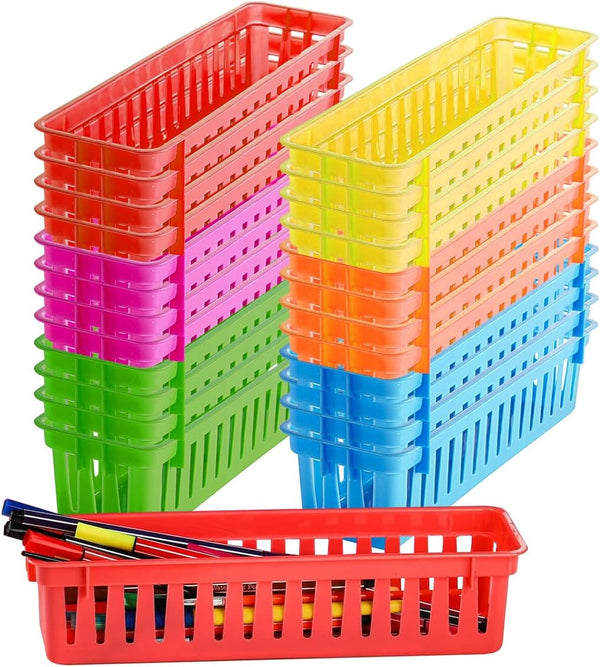 Hyuetrsa 24 Pack Classroom Storage Baskets, 6 Rainbow Colors Small Pencil Holder Tray,