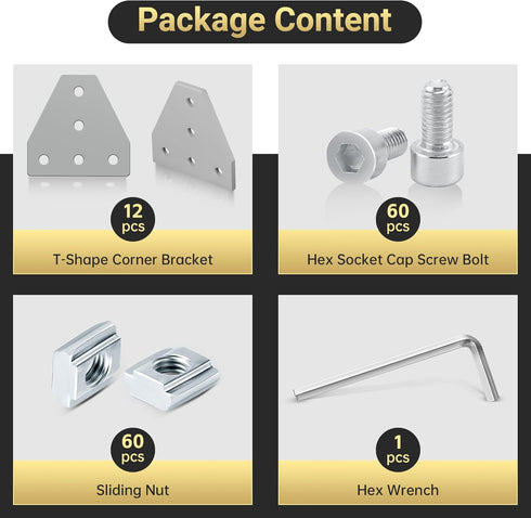 12 Set Silver 2020 Corner Bracket Joint Plate T Shape 5 Hole Aluminum Extrusion Connector with 60Pcs T-Nuts, 60Pcs Screws and 1Pcs Wrench for 20 x 20mm Series Aluminum Extrusion Profile