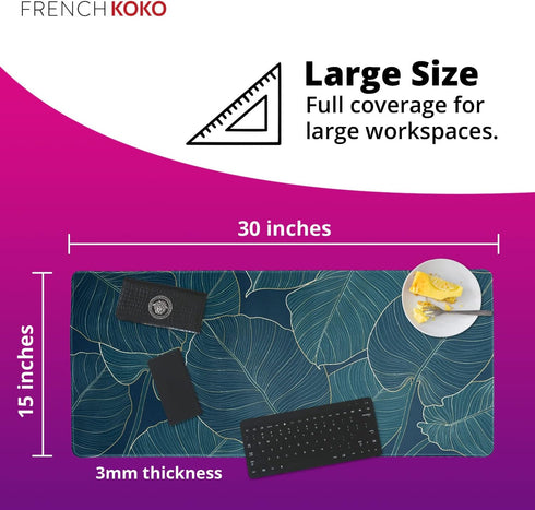 French KOKO Large Mouse Pad - Desk Mat, Keyboard Pad, Extended Protector for Home Office, XL Green Leaves