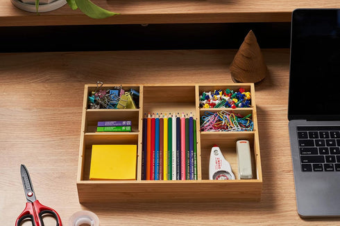 Umilife Bamboo Wood Desk Drawer Organizer Tray with Adjustable Compartments, Office Desk Accessories Storage