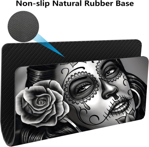 Vintage Sugar Skull Girl Image Gaming Mouse Pad, Custom Rectangle, Retro Black Grey White Large