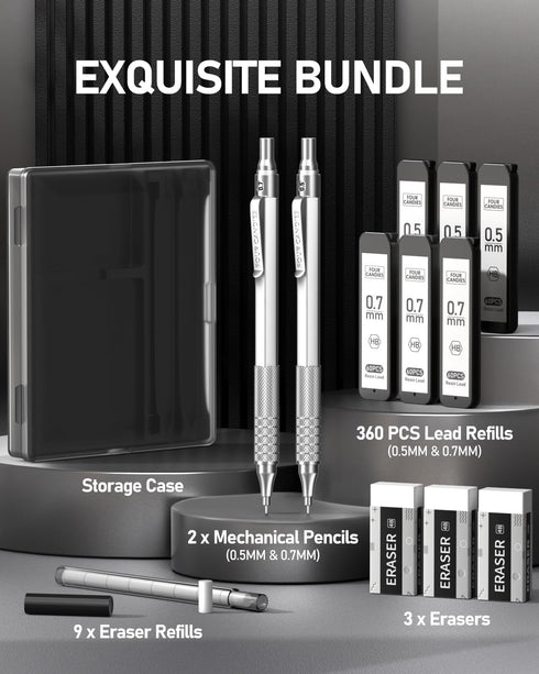 Four Candies 2PCS Metal Mechanical Pencils Set with Case, 0.5mm & 0.7mm Artist Pencil with 6 Tubes HB Lead