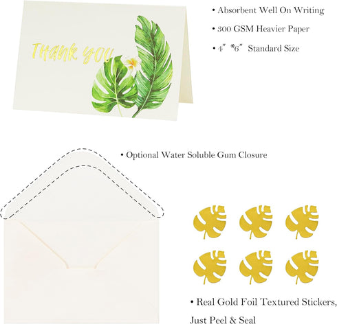 4x6 4 (50 Pack) Crisky Greenery Assorted Thank You Cards with Envelopes & Stickers Greeting Cards Bulk, tropical plants